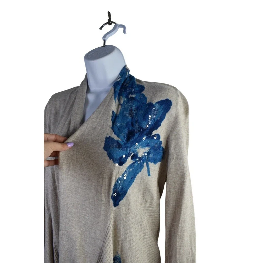 INC International Concepts Petite Cardigan M Gray Blue Floral Sequin Sweater